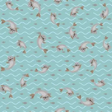 Seamless pattern with Happy Cute seal animal vector cartoon character Stock Illustration