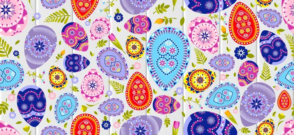 Seamless pattern Happy Easter background colored eggs, spring decoration, leave Stock Illustration