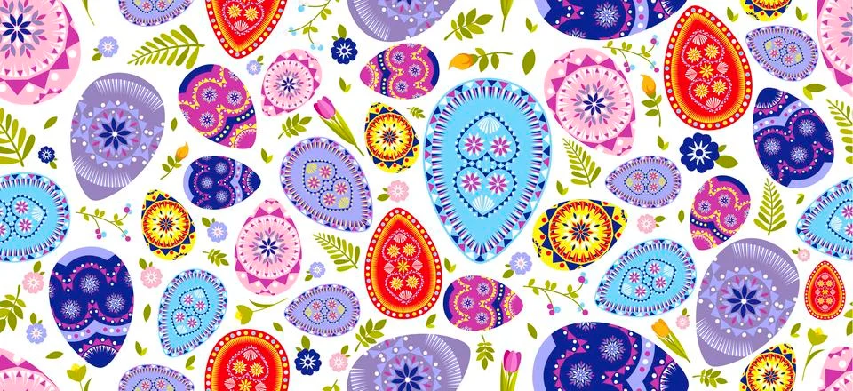 Seamless pattern Happy Easter background colored eggs, spring decoration, leave Stock Illustration