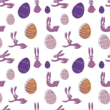 Seamless pattern for happy easter with eggs, hares in flat style Stock Illustration
