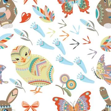 Seamless pattern with Happy Easter holiday traditional symbols and objects 스톡 일러스트
