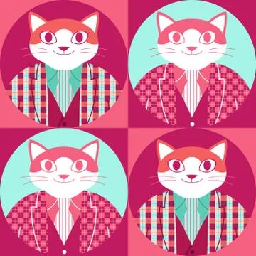 Seamless pattern with happy elegant cat in tartan jacket, vest and necktie Stock Illustration