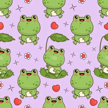 Seamless pattern with happy frogs on purple background. Cute kawaii animal .. Stock Illustration