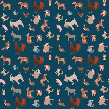 Seamless pattern of happy funny pets or farm pets in flat style. Stock Illustration
