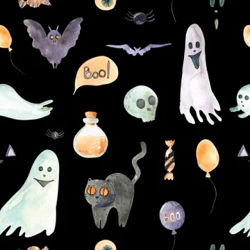Seamless pattern of happy Halloween on a black background. Watercolor hand Illustrazione stock