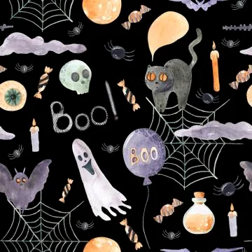 Seamless pattern of happy Halloween on a black background. Watercolor hand Stock Illustration