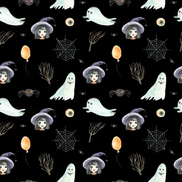 Seamless pattern of happy Halloween on a black background. Watercolor hand Illustrazione stock