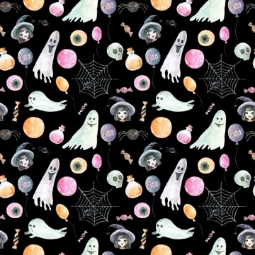 Seamless pattern of happy Halloween on a black background. Watercolor hand Illustrazione stock