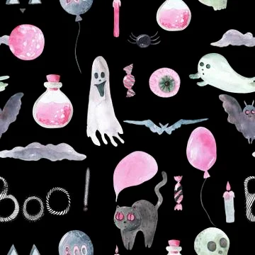Seamless pattern of happy Halloween on a black background. Watercolor hand 스톡 일러스트