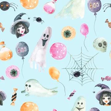 Seamless pattern of happy Halloween on a blue background. Watercolor hand Illustrazione stock