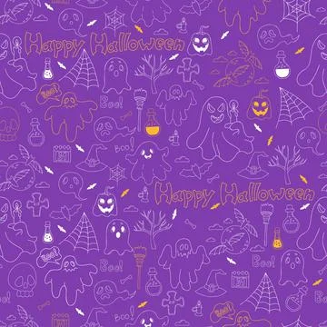 Seamless pattern Happy Halloween. Linear drawn doodles pumpkin Jack, ghost, g 스톡 일러스트
