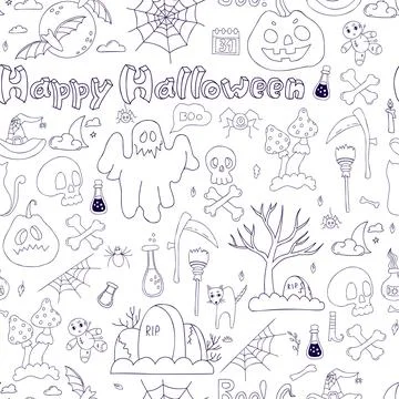 Seamless pattern Happy Halloween. Linear hand drawn doodles pumpkin Jack, gho 스톡 일러스트