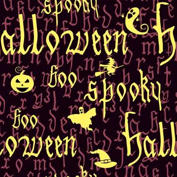 Seamless Pattern Happy Halloween with text, pumpkin, ghost, witcher. Hand dra 库存插图