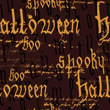 Seamless Pattern Happy Halloween with text, pumpkin, ghost, witcher. Hand dra Stock Illustration
