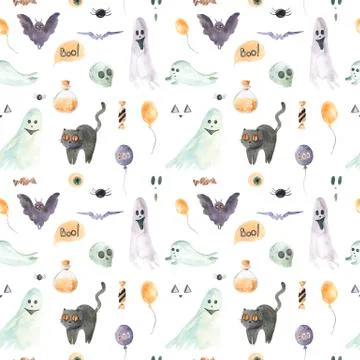 Seamless pattern of happy Halloween on a white background. Watercolor hand Stock Illustration