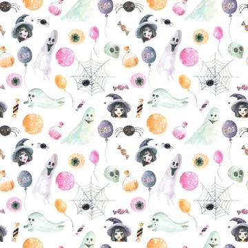 Seamless pattern of happy Halloween on a white background. Watercolor hand 스톡 일러스트