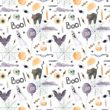 Seamless pattern of happy Halloween on a white background. Watercolor hand Stock Illustration