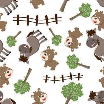 Seamless pattern of Happy horse and bear cartoon in the farm, funny animal Stock Illustration