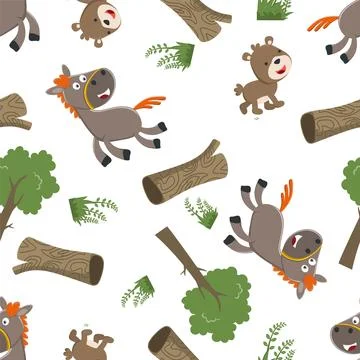 Seamless pattern of Happy horse and bear cartoon in the farm, funny animal Stock Illustration