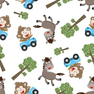 Seamless pattern of Happy horse and monkey cartoon in the farm, funny animal 스톡 일러스트