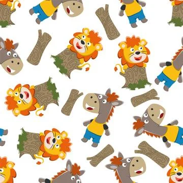 Seamless pattern of a happy horse and lion in a sitting position on a tree 스톡 일러스트