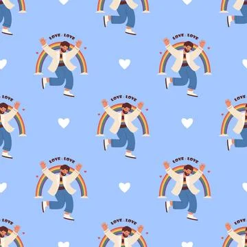 Seamless Pattern Happy LGBT bearded man Dancing with Rainbow on blue backgr.. Illustrazione stock