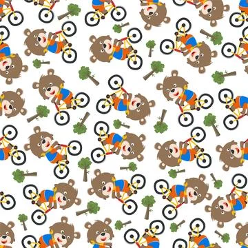 Seamless pattern of happy little fox ride a bicycle, 스톡 일러스트