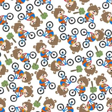 Seamless pattern of happy little fox ride a bicycle, 스톡 일러스트