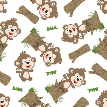 Seamless pattern of a happy little monkey in a sitting position on a tree Illustrazione stock