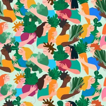 Seamless pattern with happy multiracial people holding giant vegetables on gr Stock Illustration