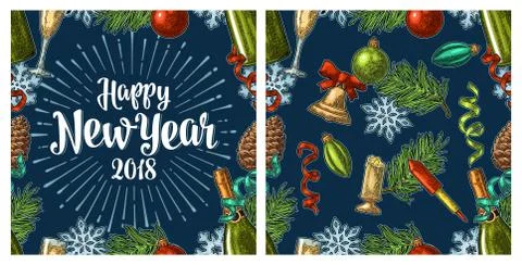 Seamless pattern with Happy New Year 2018 calligraphy lettering Illustrazione stock