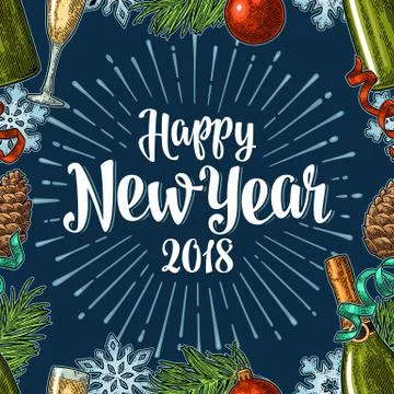 Seamless pattern with Happy New Year 2018 calligraphy lettering Stock Illustration