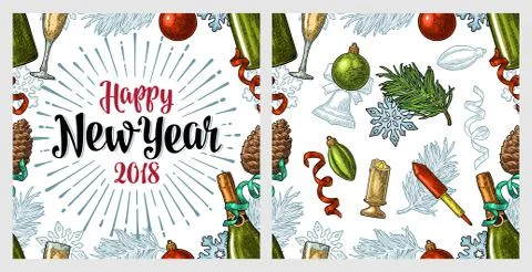 Seamless pattern with Happy New Year 2018 calligraphy lettering Stock Illustration