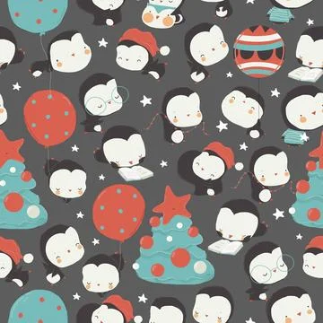 Seamless Pattern with Happy Penguins Characters celebrate New Year, decorate Stock Illustration