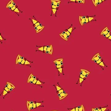 Seamless pattern happy pizza slice character cartoon vector Stock Illustration