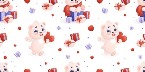 Seamless pattern with happy polar bears with gift boxes and heart on white .. Stock Illustration