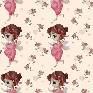 Seamless pattern happy pregnancy. Cute pregnant fairy woman in a pink dress on a Stock Illustration