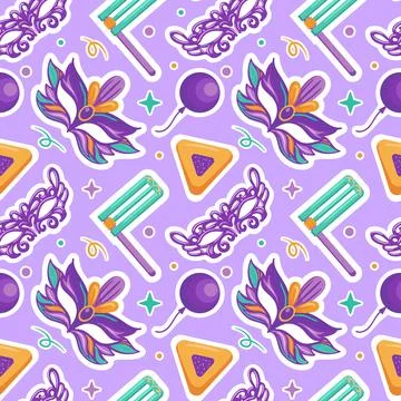 Seamless pattern Happy Purim, featuring playful elements like Haman s ears,.. Stock Illustration