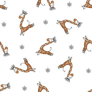 Seamless pattern with a happy running giraffe, isolated in the style of doodles. Stock Illustration