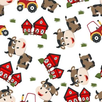 Seamless pattern of happy smiling cow in the field, Can be used for t-shirt Stock Illustration
