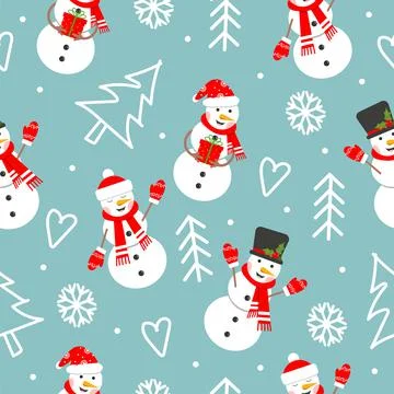 Seamless pattern with happy snowman, tree, snowflake. Symbol of the Christmas Stock Illustration