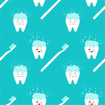 Seamless pattern with happy teeth and toothbrush in cartoon style Stock Illustration