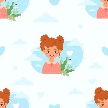 Seamless pattern with happy white curly girl on white background with cloud.. Stock Illustration