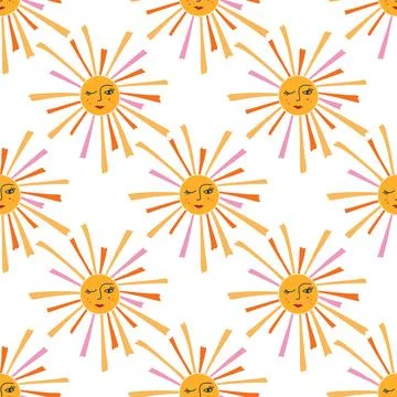 Seamless pattern of happy, winking Sun with rays. Background with joyful Sun. Stock Illustration