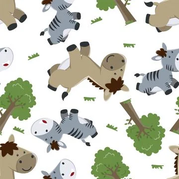 Seamless pattern of Happy zebra and horse are running in the jungle, Stock Illustration