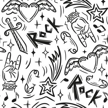 Seamless pattern with hard rock attributes. Informal subculture, freak. Sketch Stock Illustration