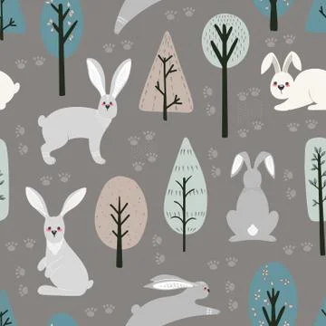Seamless pattern with hare, rabbit and different elements. Stock Illustration