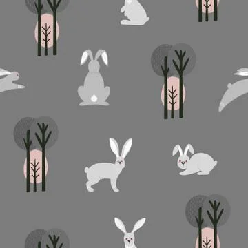 Seamless pattern with hare, rabbit and different elements. Illustrazione stock
