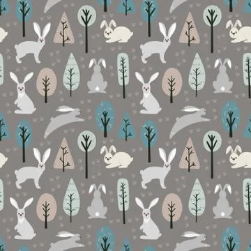 Seamless pattern with hare, rabbit and different elements. Illustration hand  Illustrazione stock