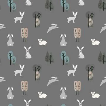 Seamless pattern with hare, rabbit and different elements. Illustration hand  Stockillustratie